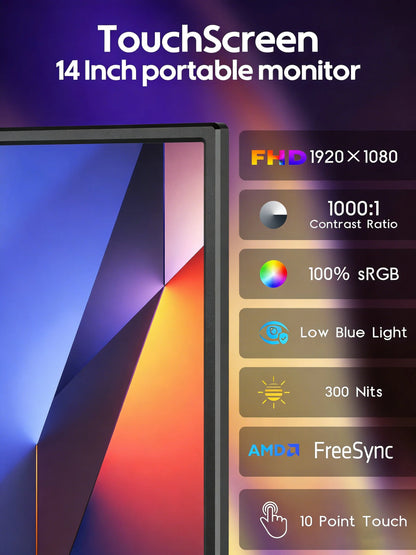 Amoudo 14 Inch Touch Portable Monitor 1920 X 1080P Second Screen FHD Lightweight Thin USB Type-C Mini HDMI Extend Screen