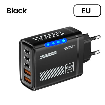 240W GaN Fast Charger 5 Ports 3USB C 2USB QC3.0 Quick Charge Plug Travel Wall Charger for iPhone Samsung Xiaomi Tablet EU/US/UK