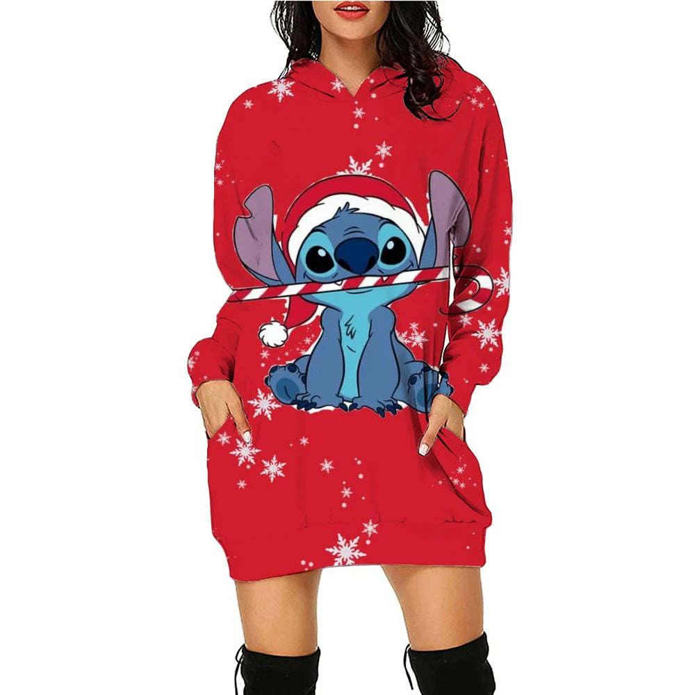Christmas Disney Brand Stitch Cartoon Long Hoodie Autumn New Mini Sexy Long Sleeved Dress Korean Fashion Elegant Ladies Party
