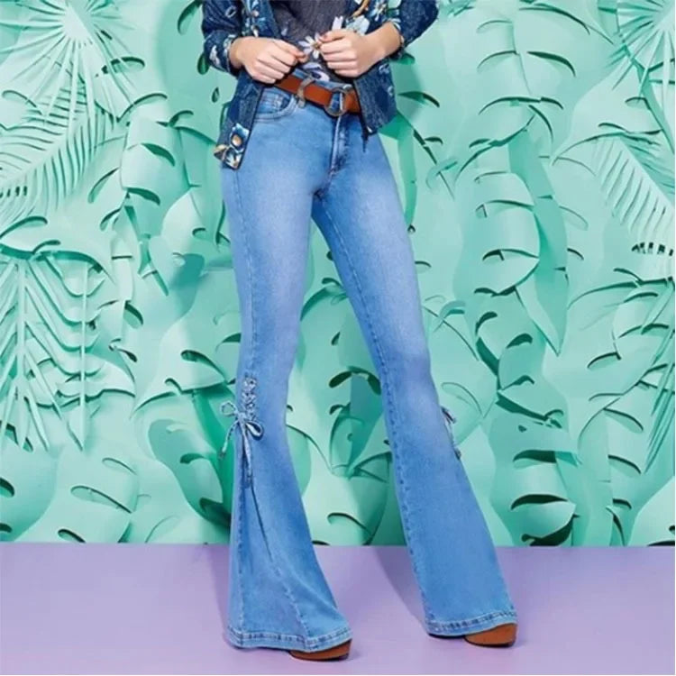 Flare Pants for Women Vintage Jeans Lace Up Stretch Mid Waist Skinny Distressed Washed 2025 Streetwear Female Denims Trousers