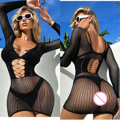 Sexy Women Fishnet Bodycon Mini Dress Mesh Hollow Out See Through Lingerie Erotic Perspective Temptation Nightdress Costume