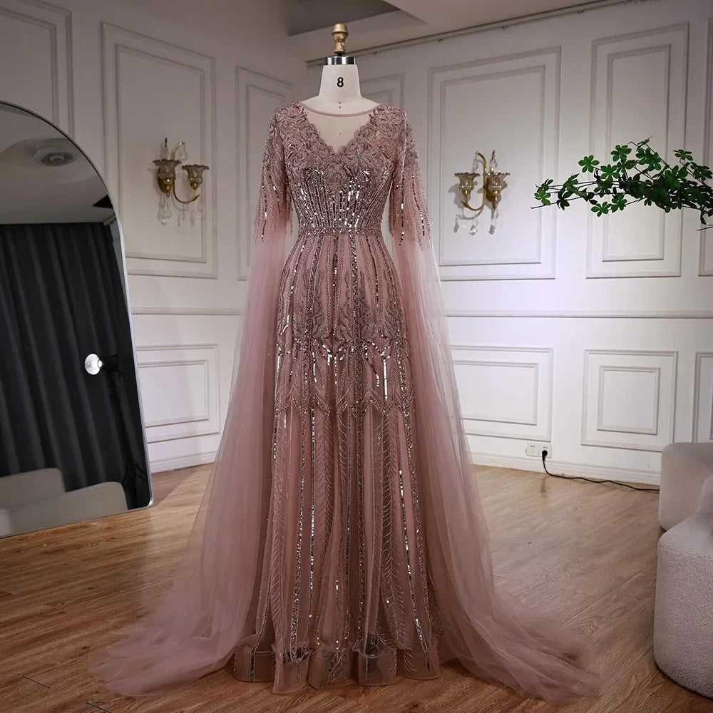 Luxury Elegant Rose Gold Beaded A Line Evening Dress with Cape Sleeves for Formal Party Serene Hill 2026 Customized CLA73056