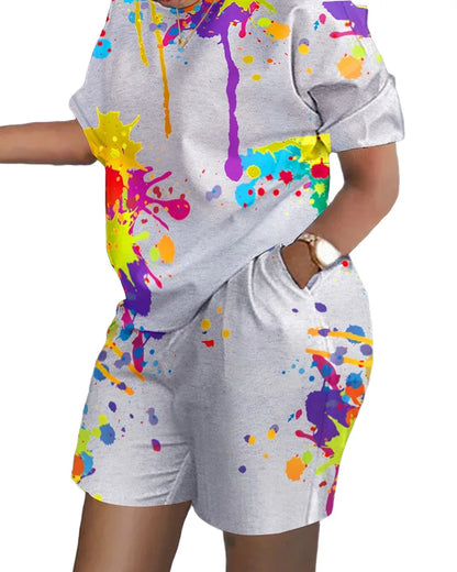 Ladies Casual Summer Two Piece Sets Printed Shorts Sets Women Round Neck Short Sleeve T Shirts Pullover High Waist Trousers Suit