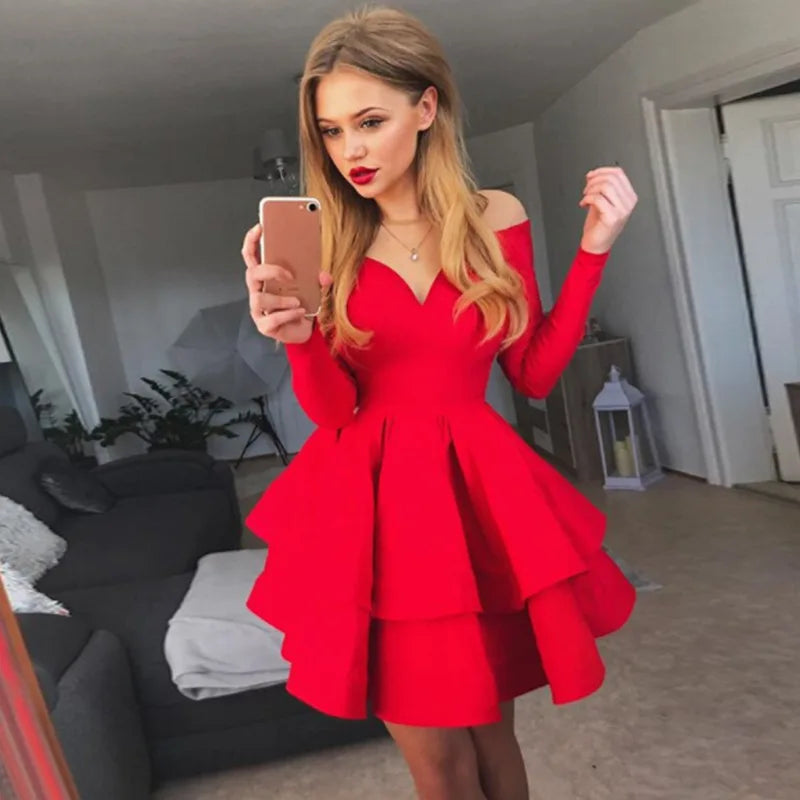 BKLD Autumn Clothes 2025 Solid Color Long Sleeve Sexy Clubwear V-Neck Off The Shoulder Evening Party Dress Red Dresses For Woman