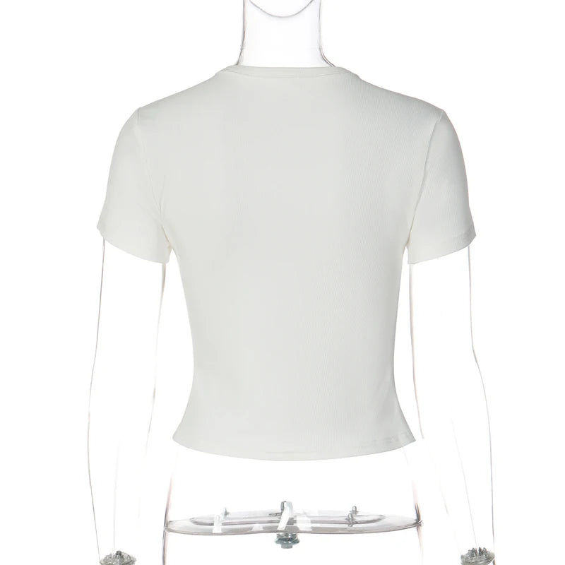 Stand Collar Button Hollow Out T-shirt Women Sexy Solid Short Sleeves Slim Fit Cropped Shirts 2026 Lady Daily Street Outwear New