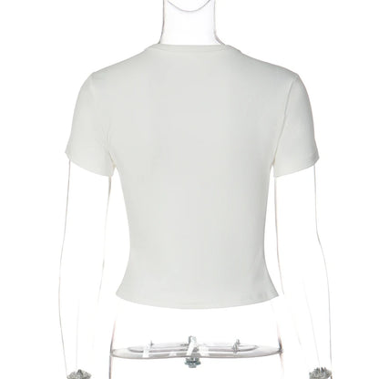 Stand Collar Button Hollow Out T-shirt Women Sexy Solid Short Sleeves Slim Fit Cropped Shirts 2026 Lady Daily Street Outwear New