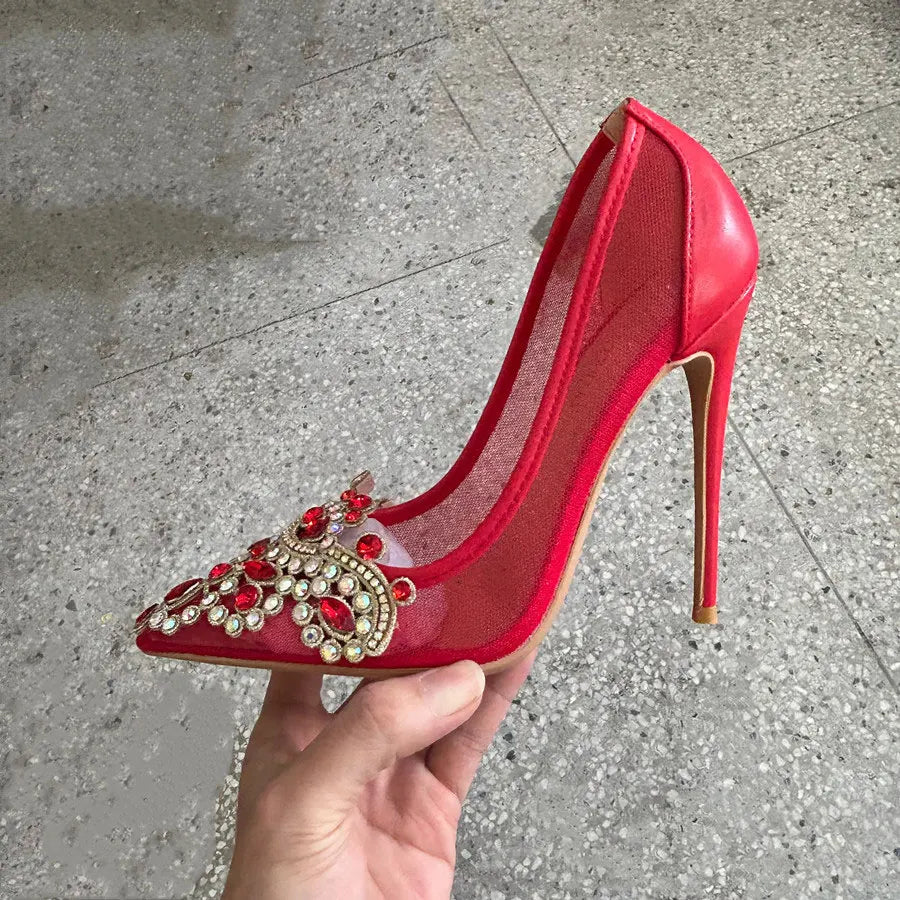 New Design Red Diamond Sexy 12cm 10cm Woman High Heels Pointed Toe Shallow Stilettos Pumps Lace Breathable Wedding Party Shoes
