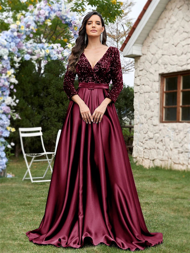 Lucyinlove Luxury Long Sleeve V-Neck Satin Formal Evening Dresses 2025 Elegant Wedding Party Sequins Women Prom Cocktail Gowns