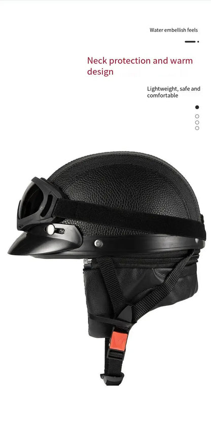 Retro Leather Half Helmet with Ear & Neck Protection - All-Season Cycling Safety Helmet