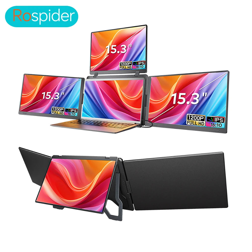 Rospider 15 inch Triple Screen Extender for Laptop HD IPS Quad Display MacBook Windows 12 to 16 inch Portable Extended Monitor