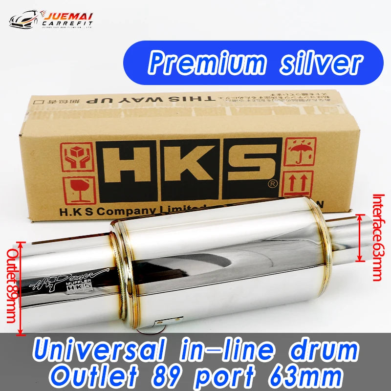 Car Exhaust Pipe Modified Parts HKS Muffler Straight Tailpipe Universal Outlet 89MM Glossy Silver Blue Stainless 51 63 76mm Fit