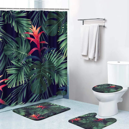 Banana Leaf Shower Curtain Set Non-Slip Rug Bathroom Accessories Tropical Palm Plant    Botanical Floral Green