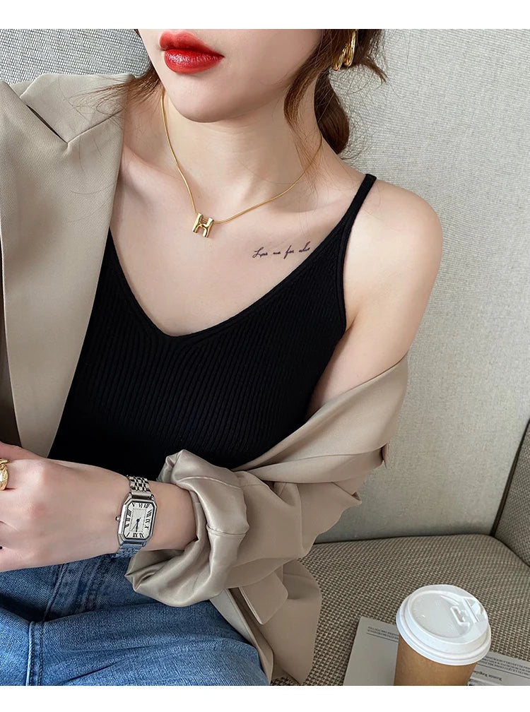 Korea Summer Tops 2026 New Solid V-Neck Elastic Knitted Suspender Camis Women's Tanks Clothing Basics Shirt