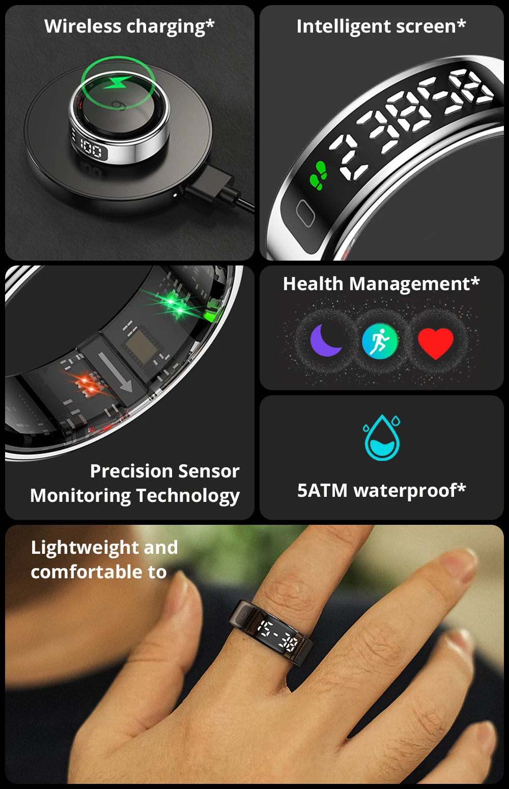 2026 COLMI R12 Smart Ring with Display Screen and Touch, Wireless Charging, Health Manager, 5 ATM Waterproof For Men Women