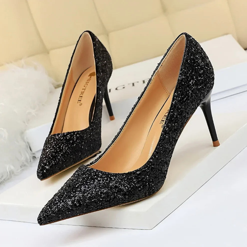 Women Luxury Bling Red  Blue Valentine Party Scarpins Pumps Lady Glitter Sequins 7cm 9.5cm High Heels Designer Shoes Plus Size