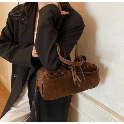 Retro Red Suede Wedding Shoulder Bag Luxury Designer Women Versatile Underarm Bags Elegant Female Large Capacity Handbags