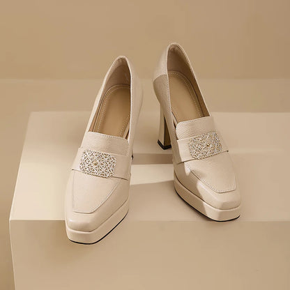 【JOCHEBED HU】Brand Genuine Leather Platform Shoes for Ladies Square Toes Women's Sewing Lines High Heels Leather