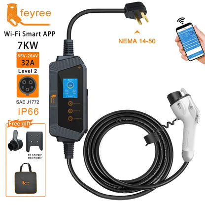 feyree Type1 7KW 32A 1Phase Portable EV Charger J1772 Socket with 5m Cable Smart APP WIFI Control Version for Electric Vehicle