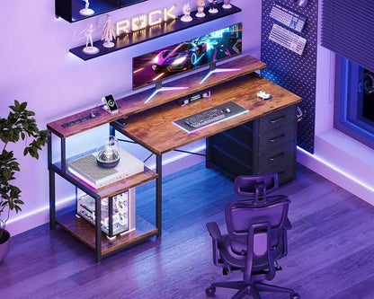 55 Inch Computer Desk with 4 Drawers, Office Desk with Power Outlets, Printer Shelf & Storage Shelves, Large, Customized