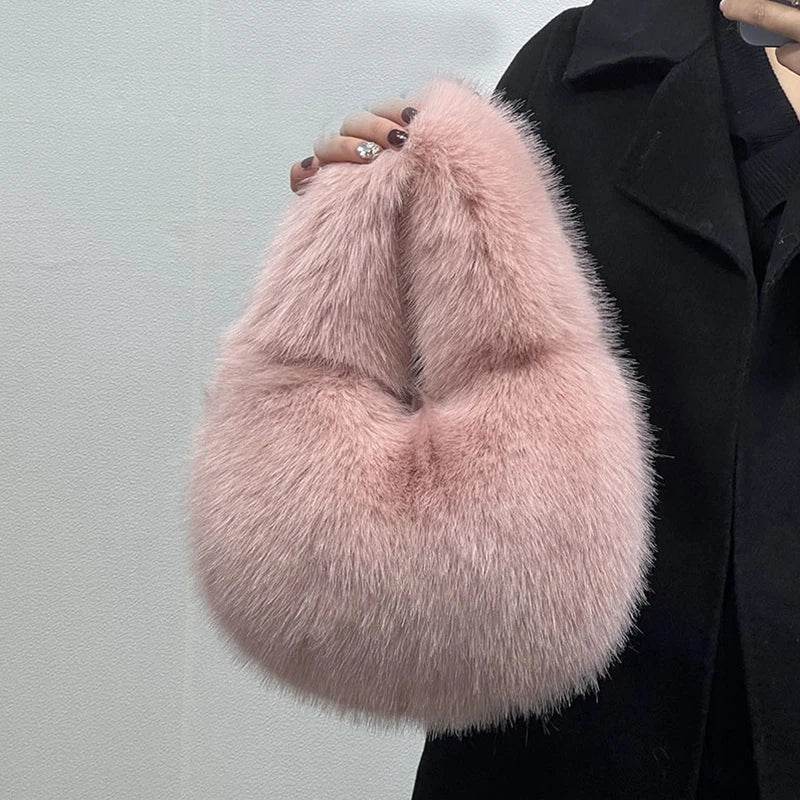 Winter Shoulder Bags Casual Furry for Women Solid Color Soft Plush Ladies Clutch Purse Handbags Lightweight Female Hobos Bag