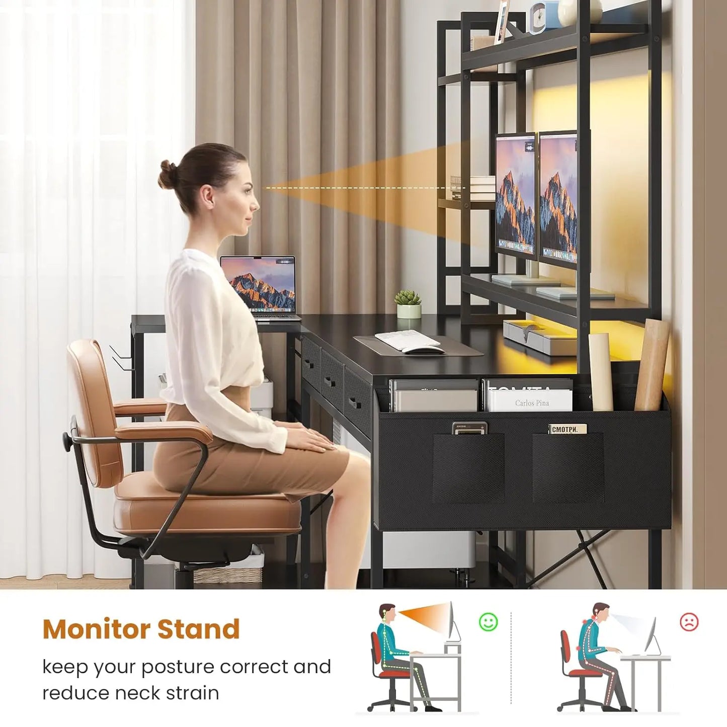 55" L Shaped Gaming Desk, Gaming Desk with Hutch & Drawers, Corner Computer Desk with Shelves and Storage, Customized
