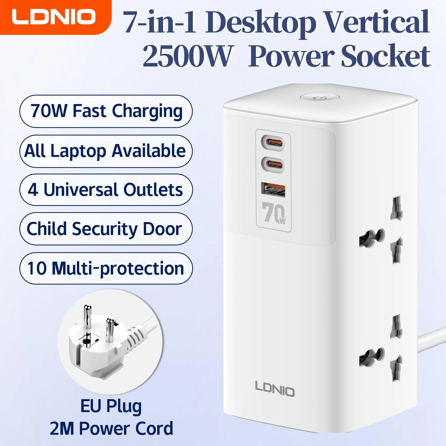 LDNIO Vertical Universal Socket Tower Power Strip Multi Outlets with 45W PD USB C Fast Charging Stations Extension Cable LED
