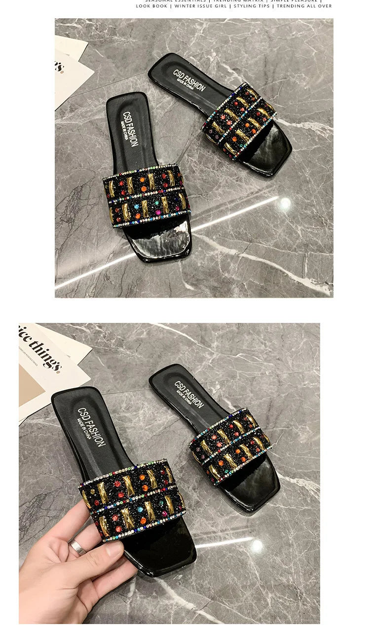 Slippers for Women Shiny Rhinestone Sandals Women Outdoor Beach Casual Shoes Sexy Fashion Big Size Flat Shoes Sandalias De Mujer