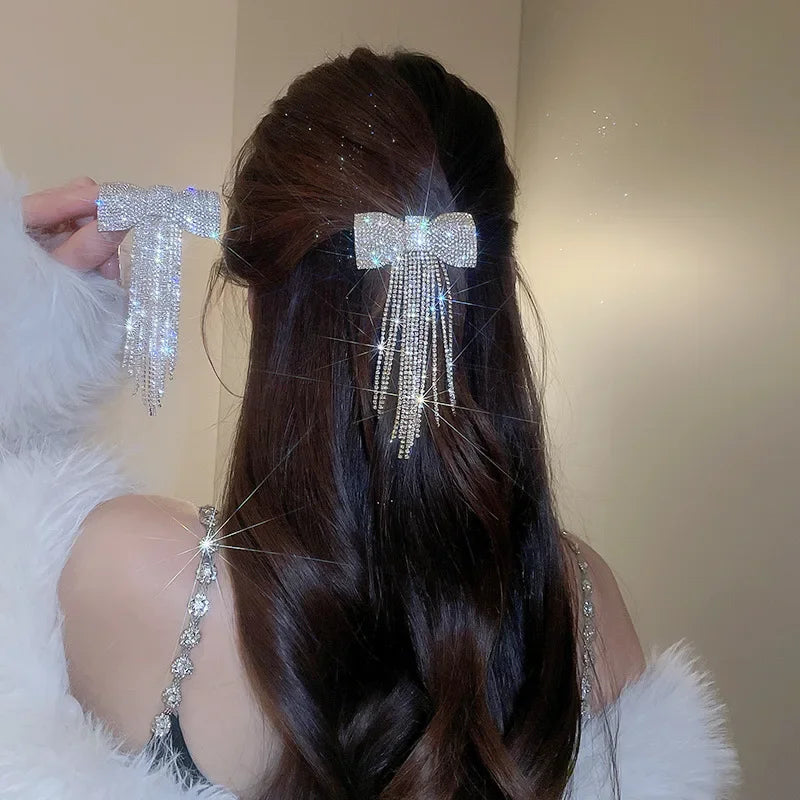 Rhinestone Bow Fringe Hairpin for Women Fashion Temperament Hair Clip Korean Light Luxury Hair Accessories Gold Silver Color