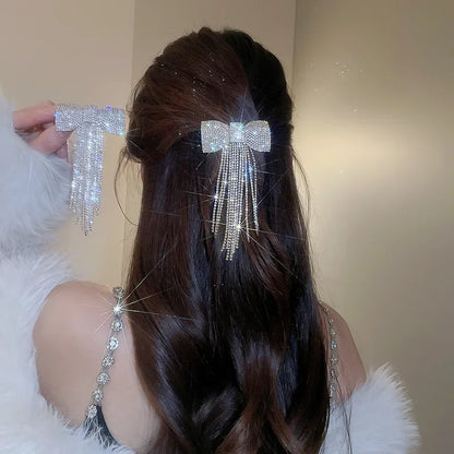 Rhinestone Bow Fringe Hairpin for Women Fashion Temperament Hair Clip Korean Light Luxury Hair Accessories Gold Silver Color