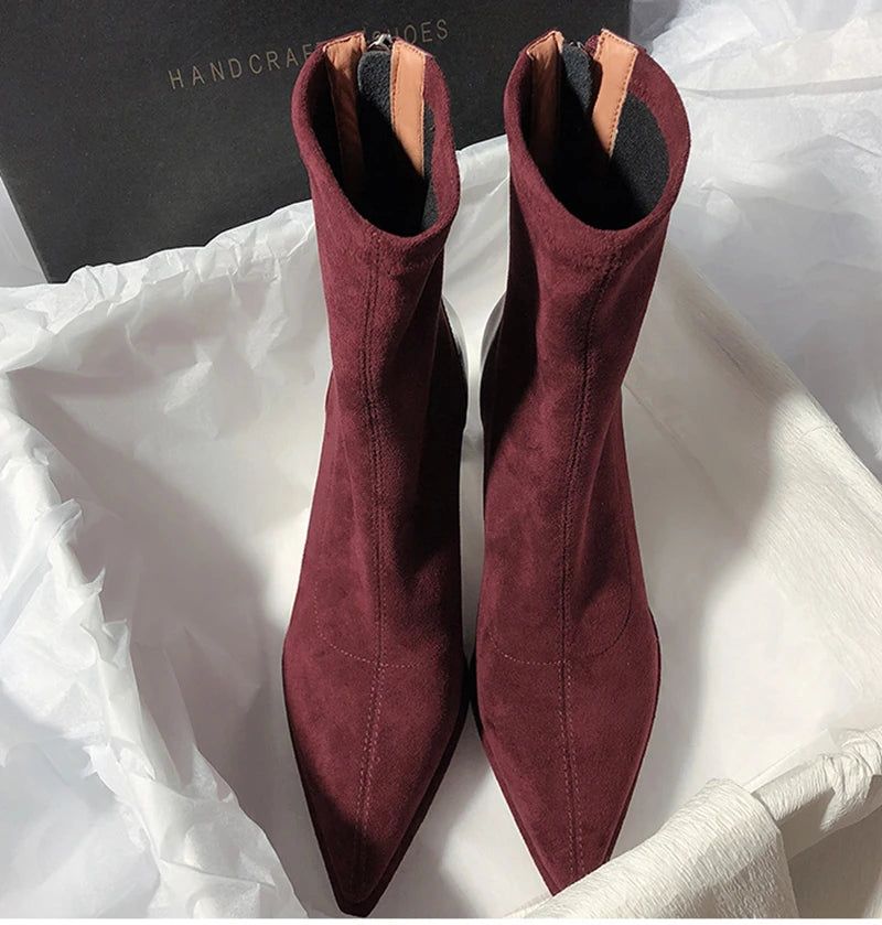 Square High Heel Women Ankle Boots Fashion Zippers Shoes Retro Style Autumn Winter Pointed Toe Ladies Dancing Party Prom Shoes
