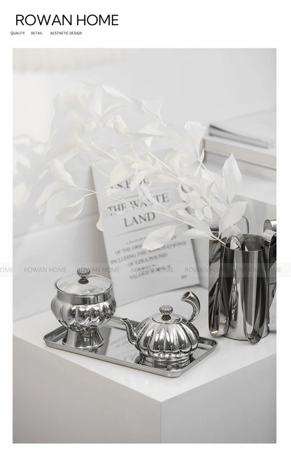 Nordic Luxury Stainless Steel TeaPot, Retro Sugar Bowl, Coffee Candy Jar with Lid for Home Decoration, Afternoon Tea, Holtel