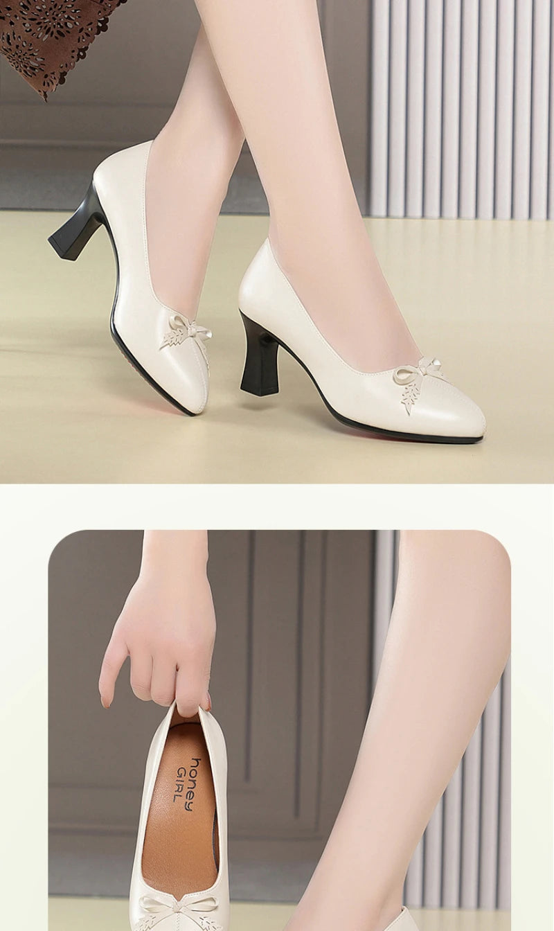 Womens Elegant Bow Decor Block Heel Pumps Smooth Faux Leather Upper Pointed Toe Design Comfort Cushioned Insole NonSlip Outsole
