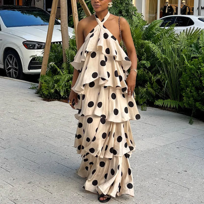 Women Long Dress Cake Dresses Party Night Vestidos Y2k Streetwear Halter Sleeveless Elegant Splice Print Dot Sexy Backless 2026