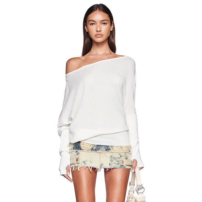 Sexy Elegant Long Sleeves Top Irregular One Shoulder Women Tops T Shirt Birthday Party Club Date Casual Office Clothes