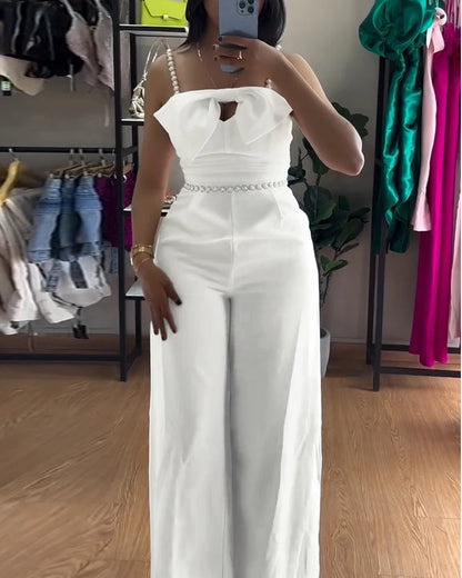 Jumpsuit Women 2025 Spring New Bandeau Beaded Spaghetti Strap Bowknot Design Ruched Slim Fit Jumpsuit Elegant Wide-Leg Overall