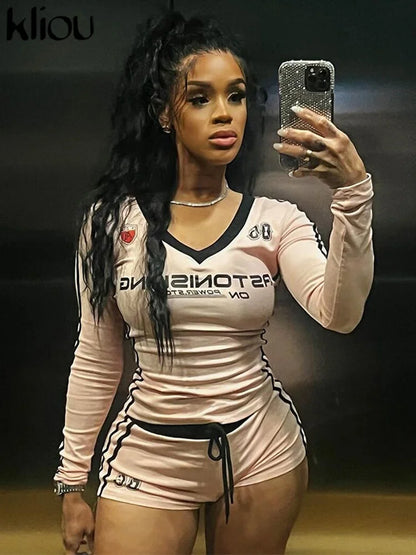 kliou Letter Print Panelled Women 2Piece Set Sporty Autumn Matching Full Sleeve Slim Tees+Bandage Shorts Female Track Streetwear