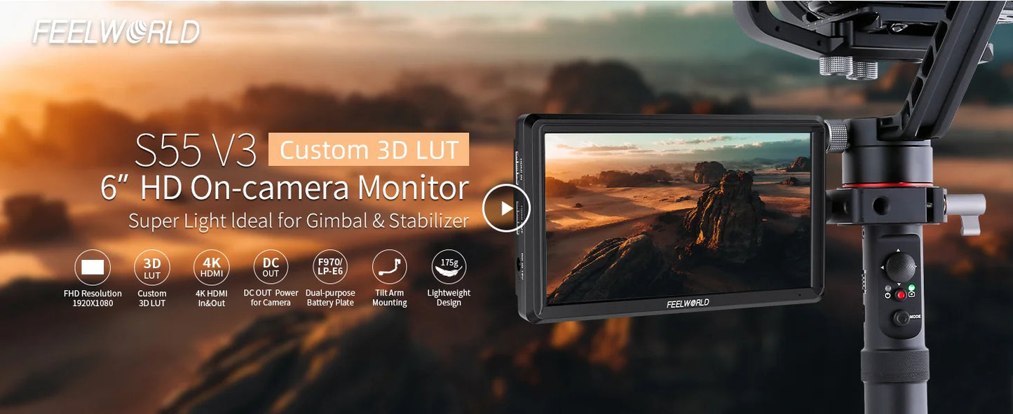 FEELWORLD S55 V3 6 inch Camera DSLR Field Monitor Video Assist IPS 1920x1152 4K HDMI DC Out With 3D LUT