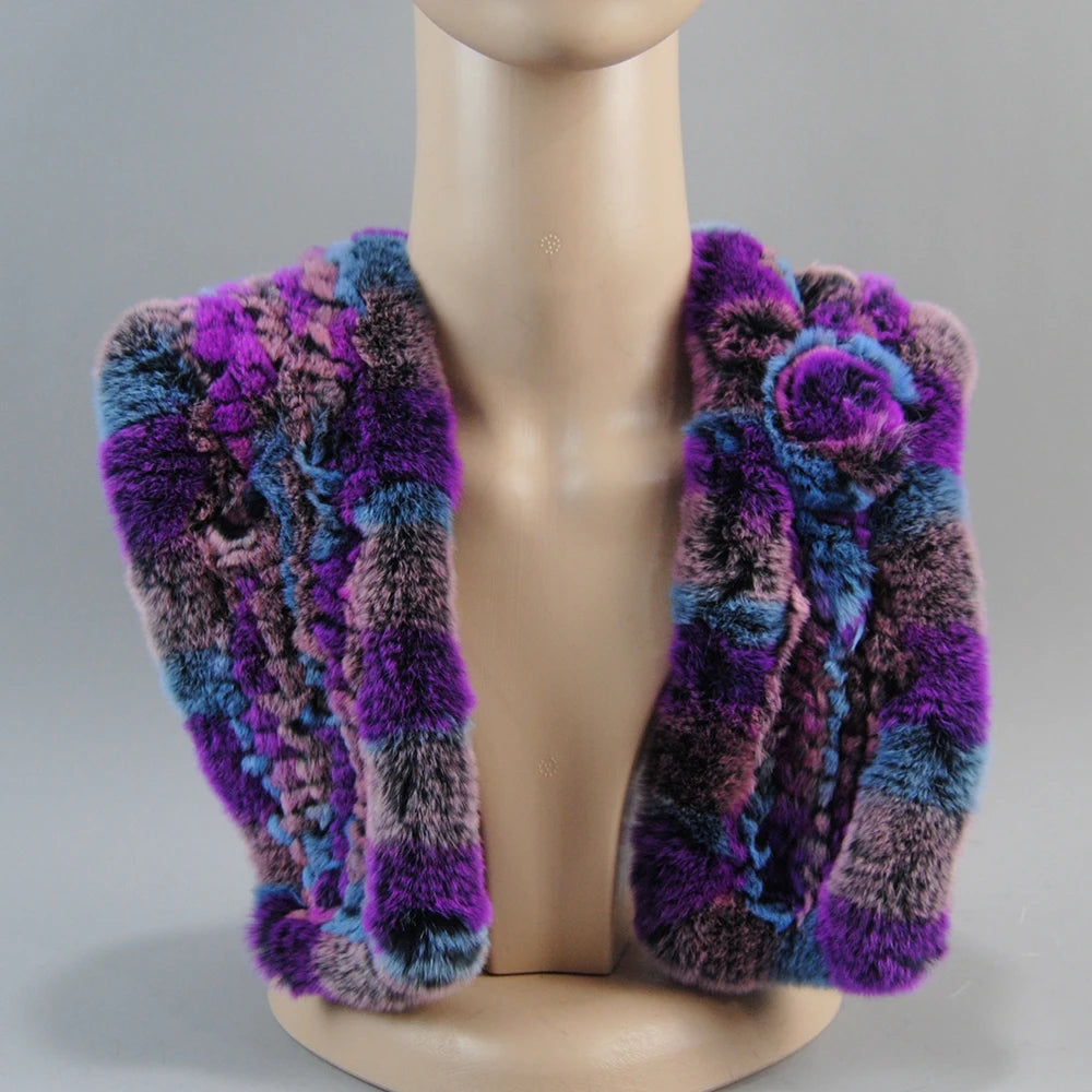 Hot Russian Women Knit Real Rex Rabbit Fur Scarf Lady Fashion Floral Rex Rabbit Fur Mufflers Hot Winter Warm Natural Fur Scarves