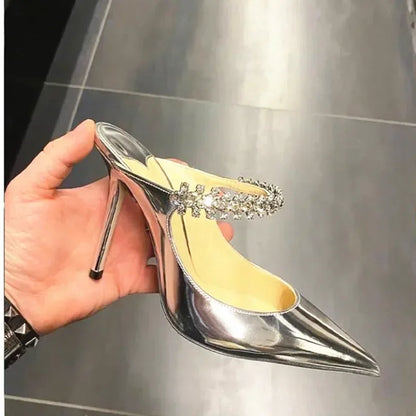 2025 New Fashionable Fine Heeled Muller Shoes with Pointed Water Diamond Chain Banquet Shallow Mouth Women's High Heel Sandals