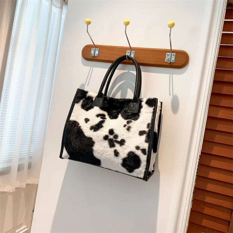 Winter Faux Fur ,Leopard Print Designer Shopper Totes, Fashion Soft Plush Women Shoulder Bags, Large Capacity Handbags and Purse