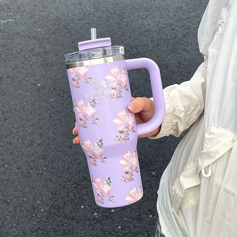 1pc 900ml Floral Print Stainless Steel Vacuum Insulated Tumbler with Straw,  Ice Cold Retention Cup,Birthday Gift for Women