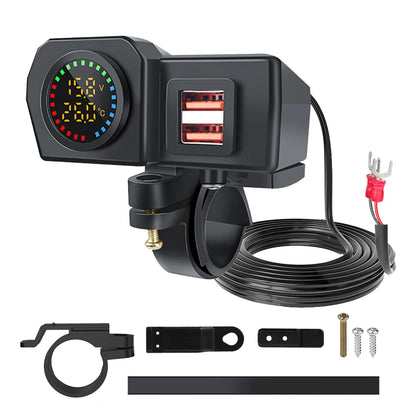 60W QC3.0+PD Motorcycle USB Charger Handlebar Power Adapter with Digital Voltmeter Thermometer Rear Switch Fast Charging Socket