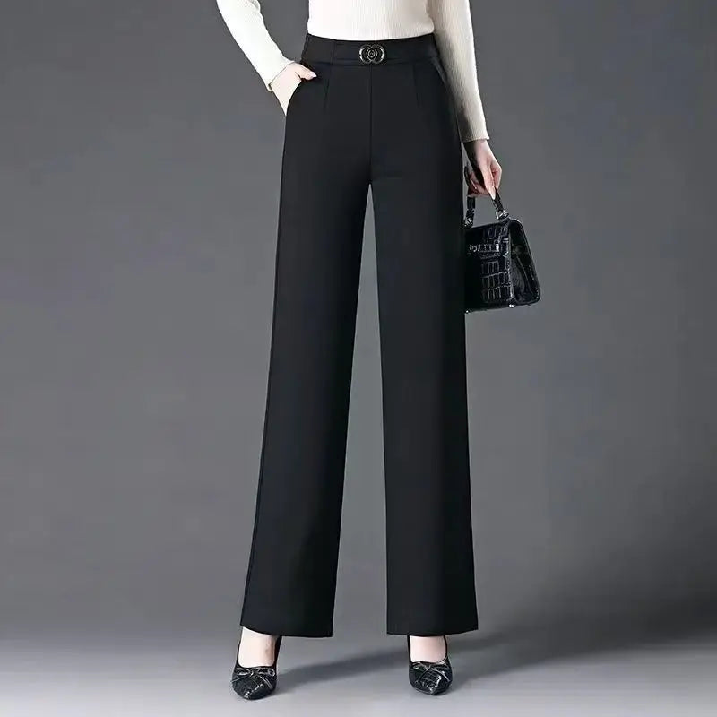 Women's Red High Waist Flare Pants With Metal le Detail Casual Long Trousers