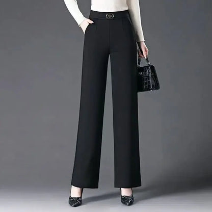 Women's Red High Waist Flare Pants With Metal le Detail Casual Long Trousers