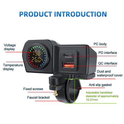60W QC3.0+PD Motorcycle Handlebar & Rear Mirror With Digital Voltmeter Thermometer USB Socket Fast Charger Phone Power Adapter
