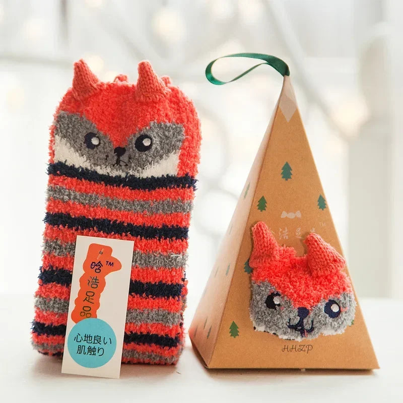 1 Pairs Box Christmas Socks Women Cute Thermal Fluffy Fuzzy Soft Velvet Thermo Sleep Sock Thick Warm Winter Socks New year Gift