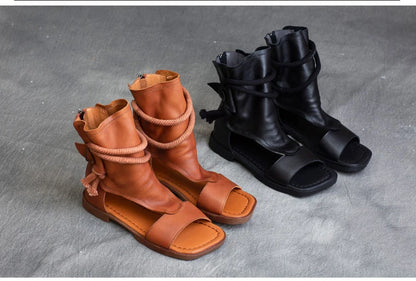 Birkuir High Top Open Toe Sandals For Women Summer Boots Luxury Hollow Out Beach Sandals Genuine Leather Flats Shoes Ladies