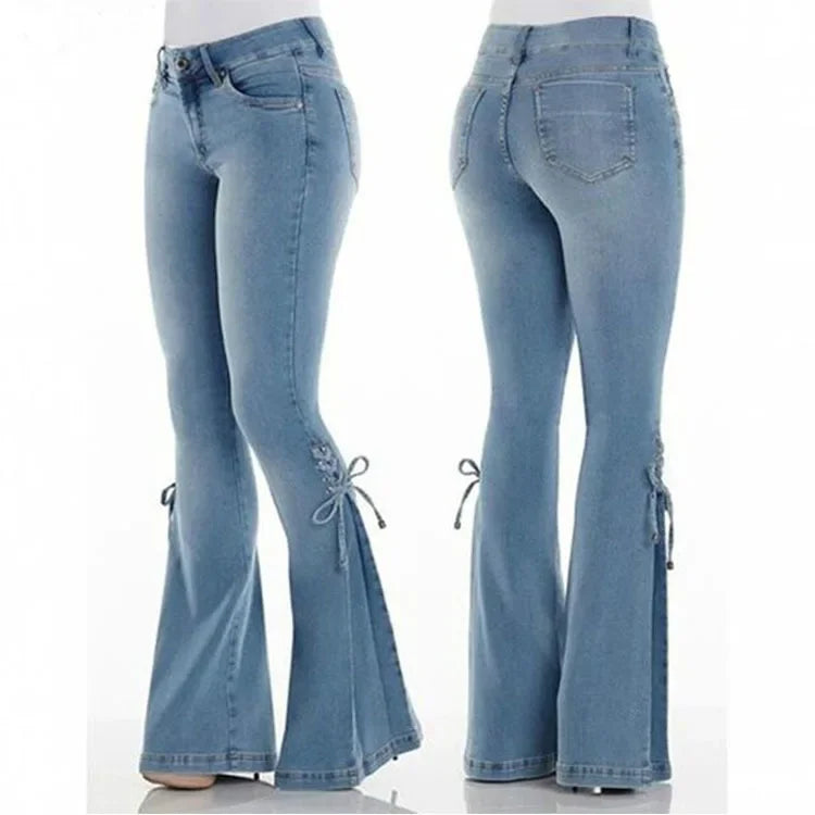 Flare Pants for Women Vintage Jeans Lace Up Stretch Mid Waist Skinny Distressed Washed 2025 Streetwear Female Denims Trousers