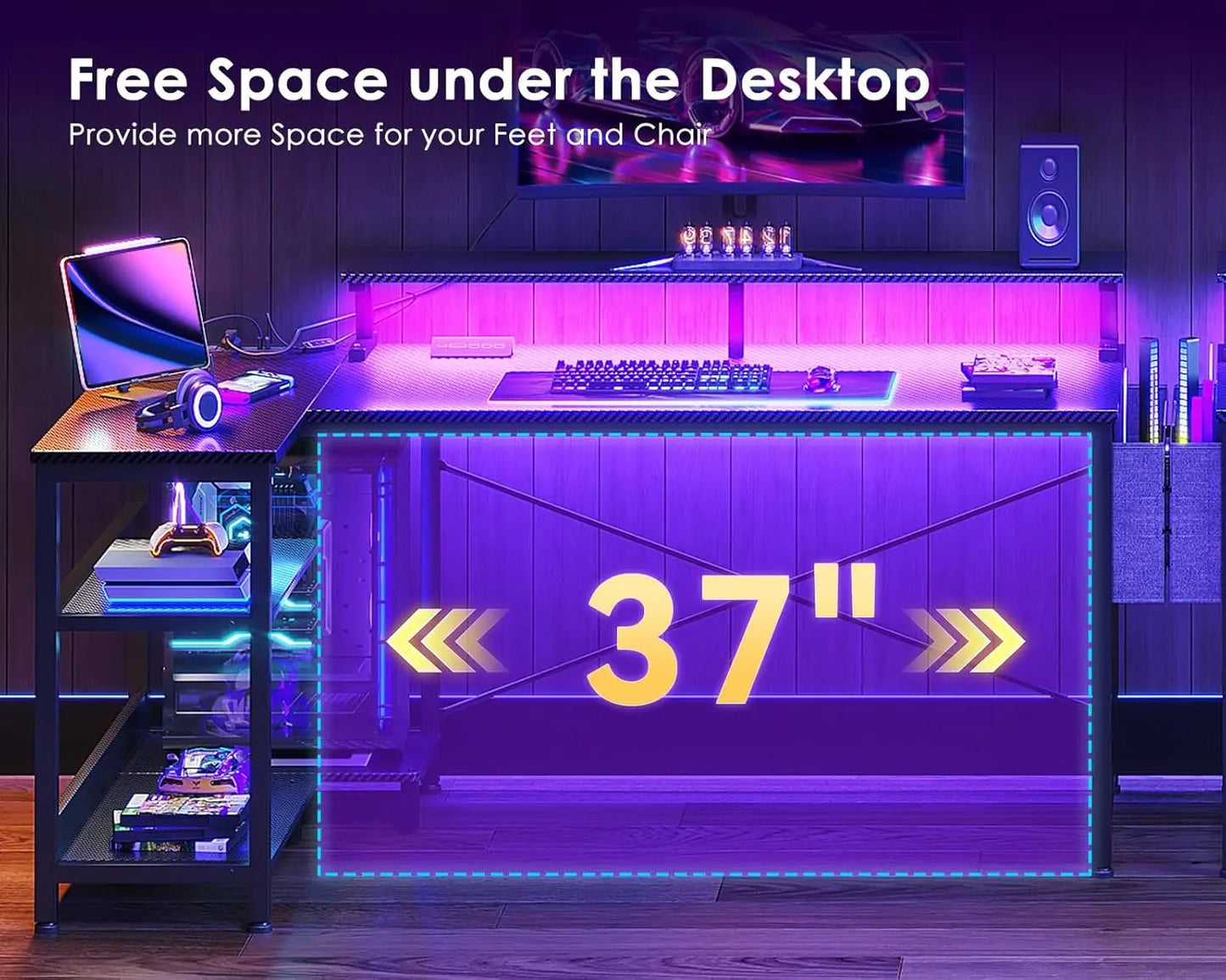 48-Inch L-Shaped Gaming Desk with USB Ports, LED Lights, Storage Shelves & Power Outlets in Black