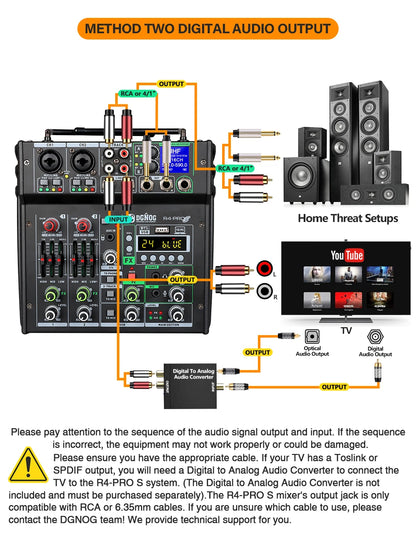 DGNOG Dual UHF Wireless Microphone DJ Audio Mixer 4 Channel Mixer Karaoke Mixer USB Bluetooth for Computer Recording Studio